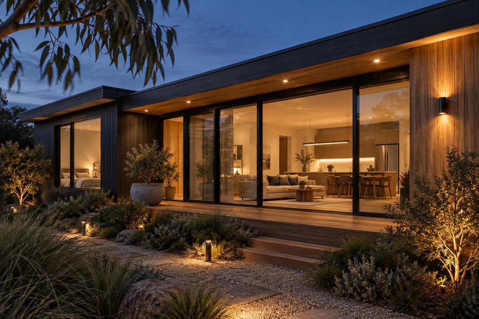 Illustrative modern Australian home with warm interior and garden lighting